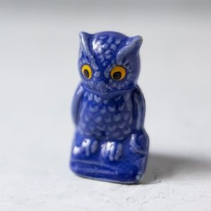 NANCO Japan blue owl figurine with yellow eyes tiny miniature ceramic vintage